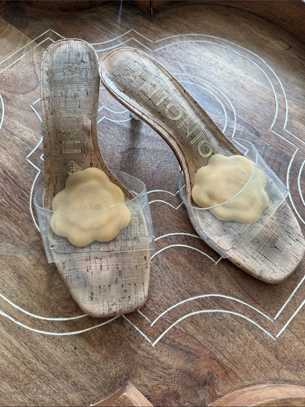 Antonio Melani Clear Strap Cork Slide Sandals with no slip foot petals